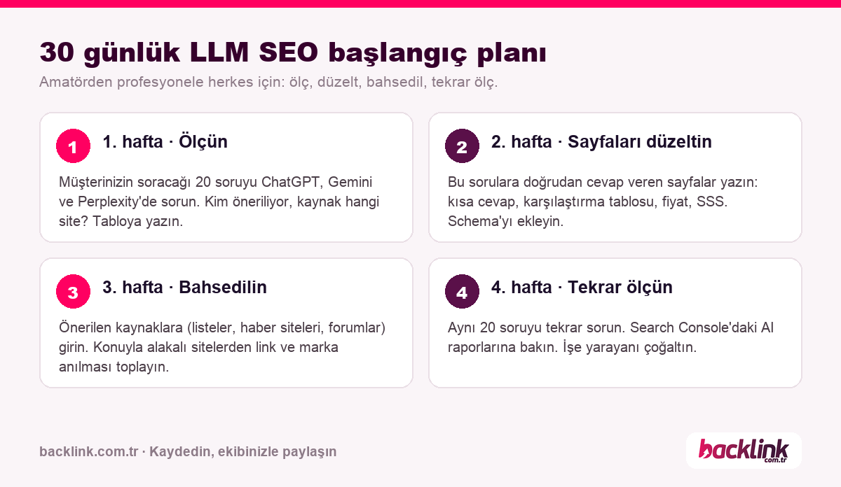 30 günlük LLM SEO başlangıç planı infografiği